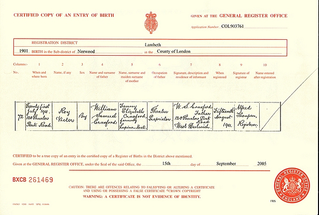 Birth certificate of Roy Victor Craxford (1901)