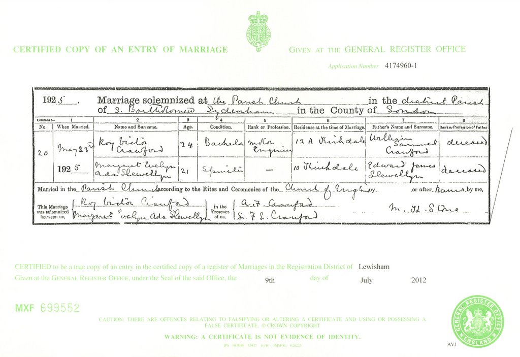 Marriage certificate for Roy Victor Craxford and Margaret Llewellyn (1925)