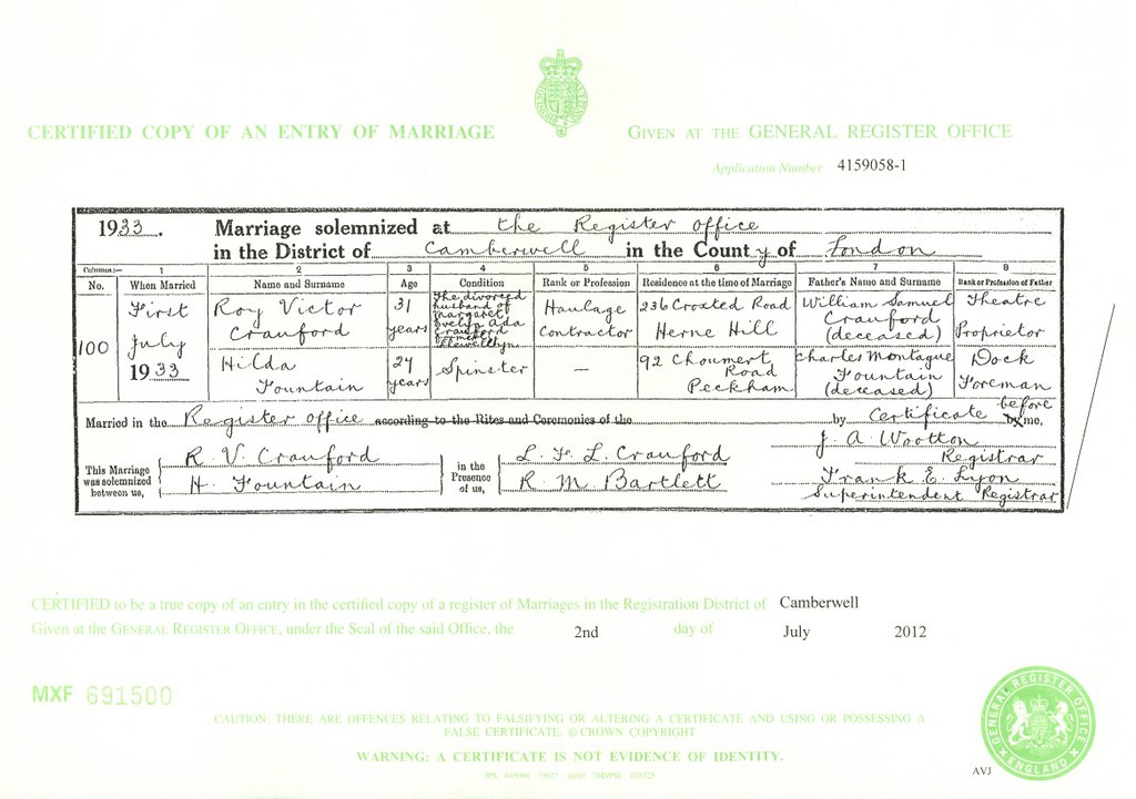 Marriage certificate for Roy Victor Craxford and Hilda Fountain (1933)