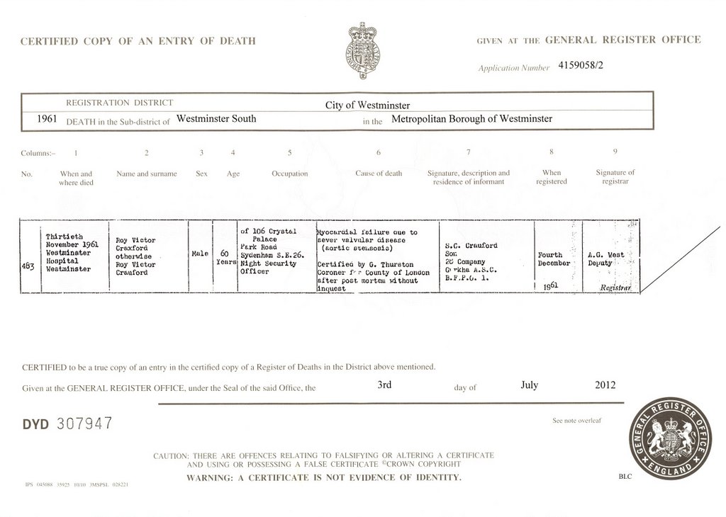Death certificate of Roy Victor Craxford (1961)