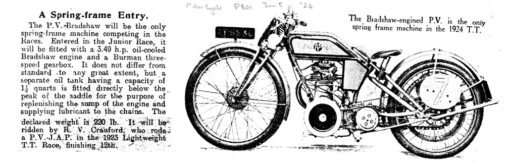 PV motorcycle: The springframe entry to the 1924 TT race